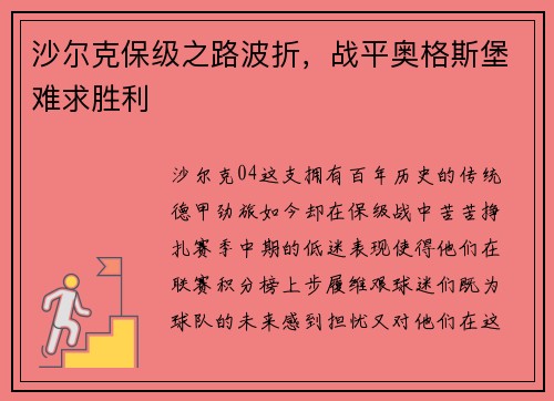 沙尔克保级之路波折，战平奥格斯堡难求胜利