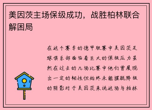 美因茨主场保级成功，战胜柏林联合解困局